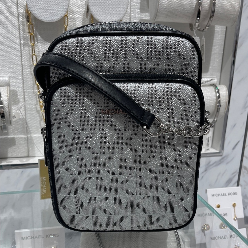 MICHAEL KORS Jet Set Medium Metallic Signature Logo NS Chain Crossbody Flight